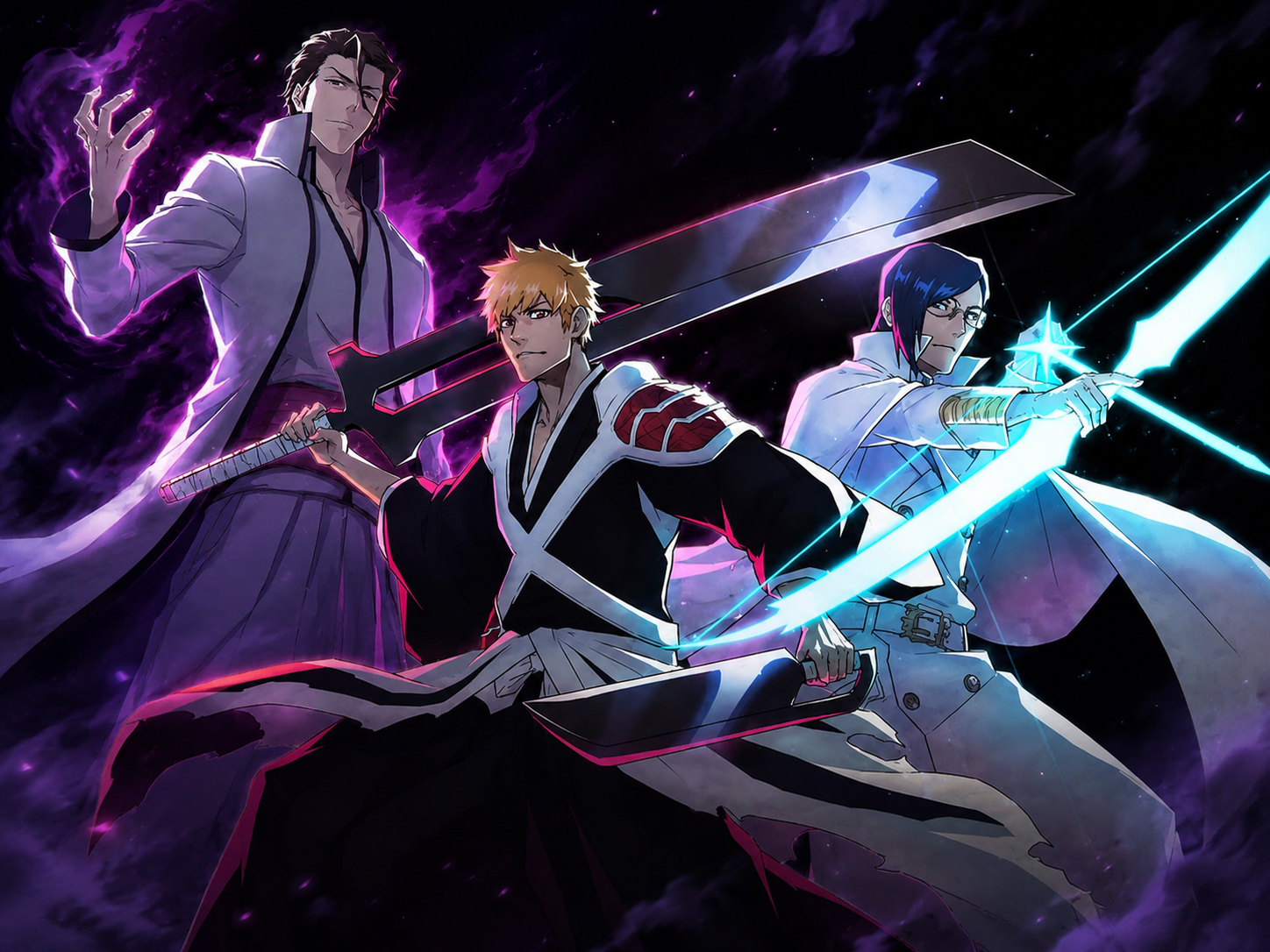Ichigo Kurosaki, Uryu Ishida e Sosuke Aizen na batalha final de Bleach TYBW